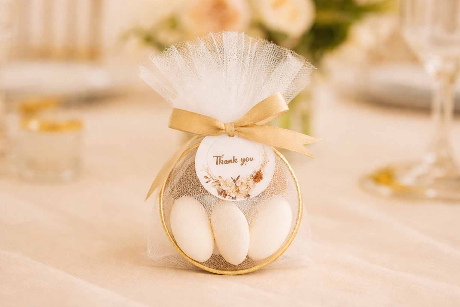 Bonbonnière Voile avec Anneau Doré + Dragée