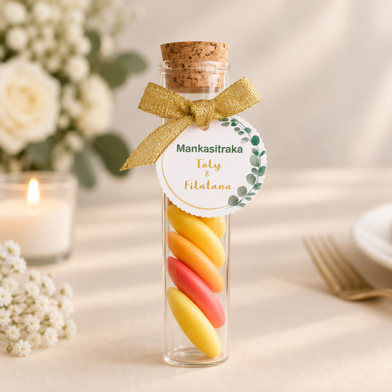 Bonbonnière tube en verre personnalisé rempli de dragées aux couleurs chaudes, cadeau d’invités de mariage