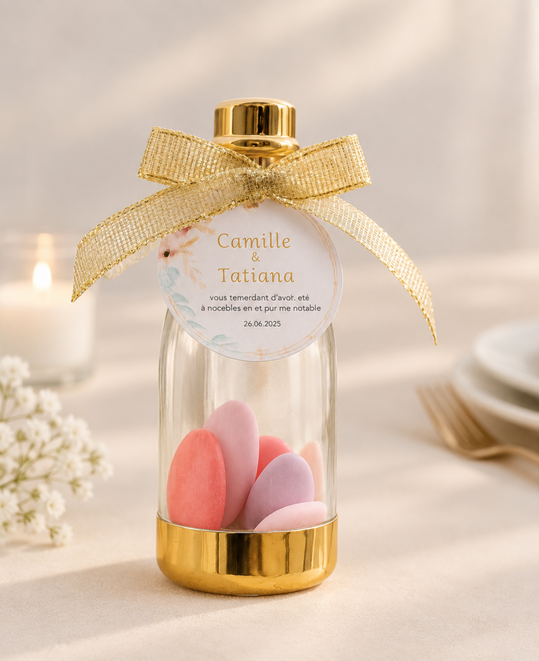 Bonbonnière bouteille dorée personnalisée, cadeau d’invités de mariage
