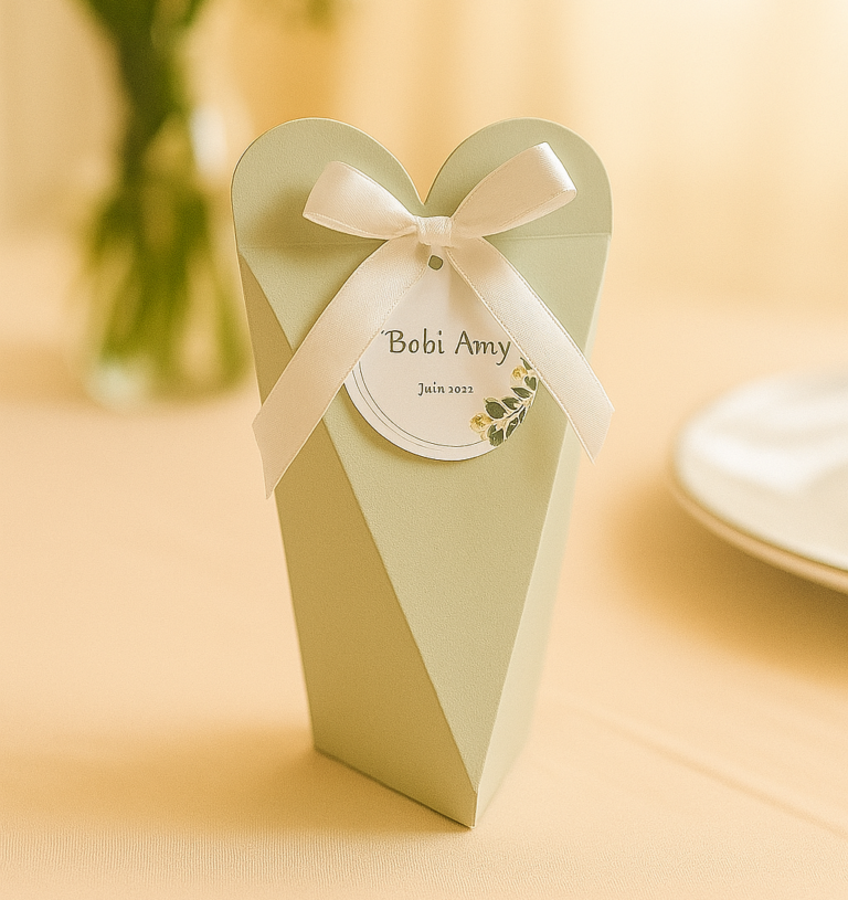 Bonbonnière bout de cœur en carton personnalisée, cadeau d’invités de mariage